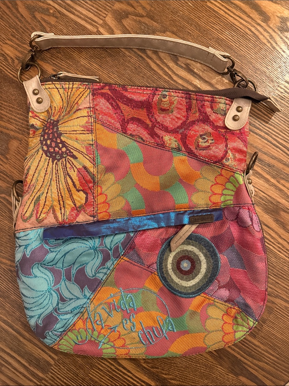 Desigual Multicolor Patchwork Shoulder Foldover Bag with Floral Motifs
